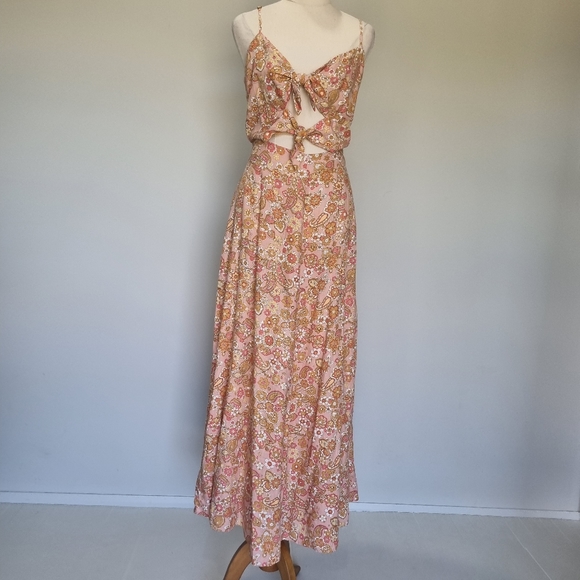 Ghanda Mia Multicolour Floral Linen Blend Tie Front Maxi Dress Size L - Picture 2 of 9